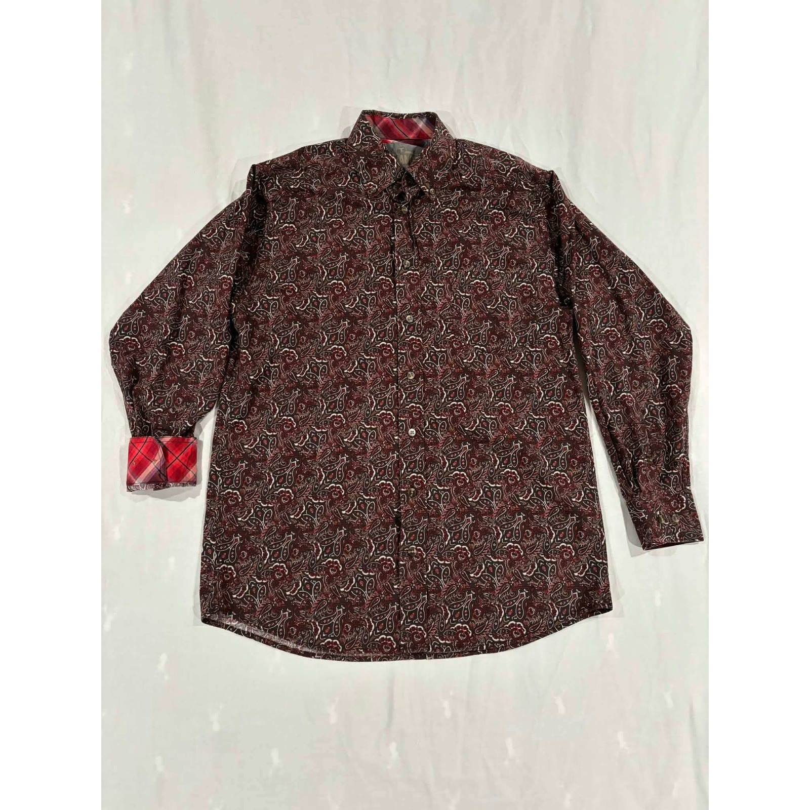 Panhandle Mens Paisley Print Long Sleeve Button Down Red Brown Cotton Blend Sm